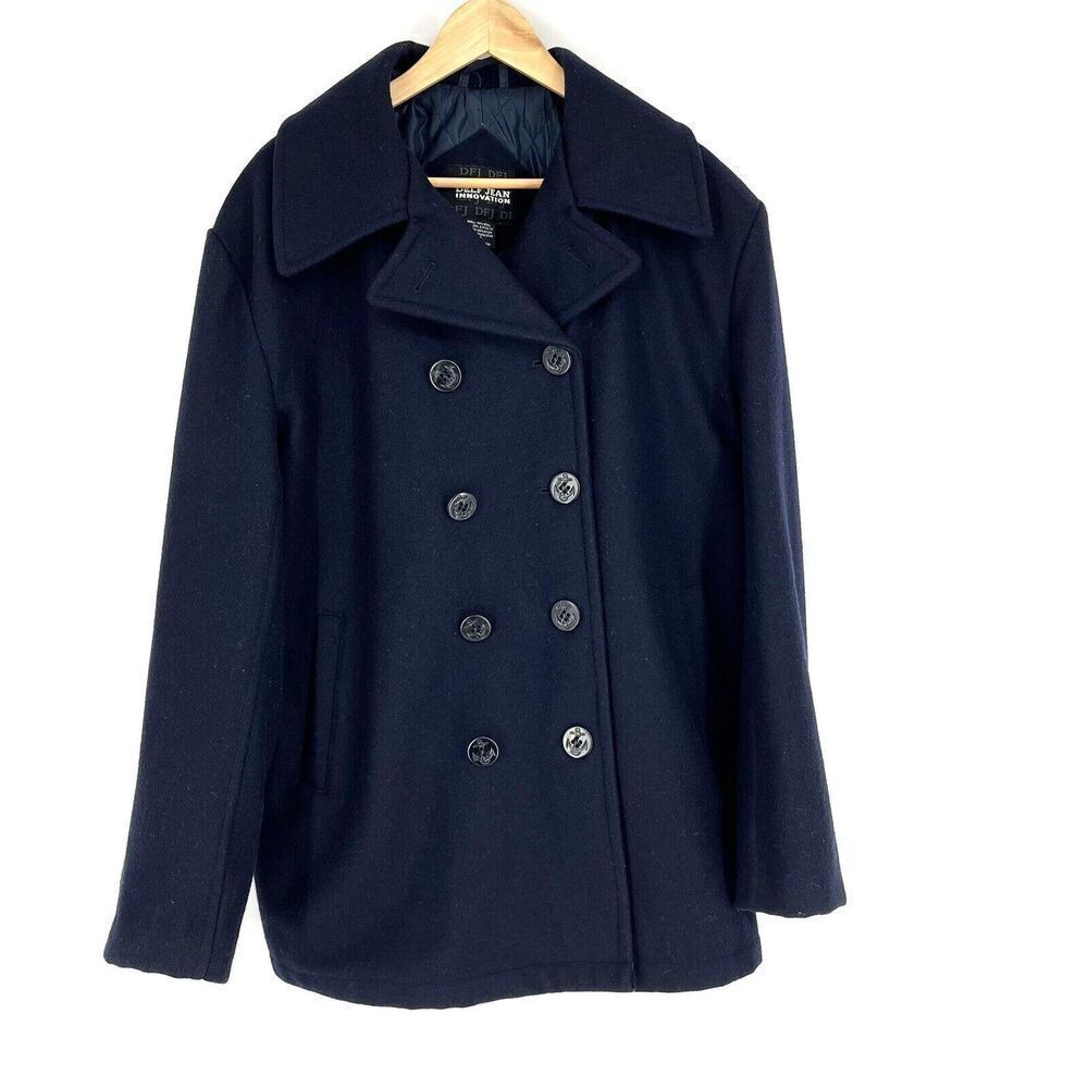 Delf Coat Size Small Men Navy Double Breasted Button Front Wool Peacoat Military